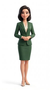 3D cartoon woman in green business suit standing against white background