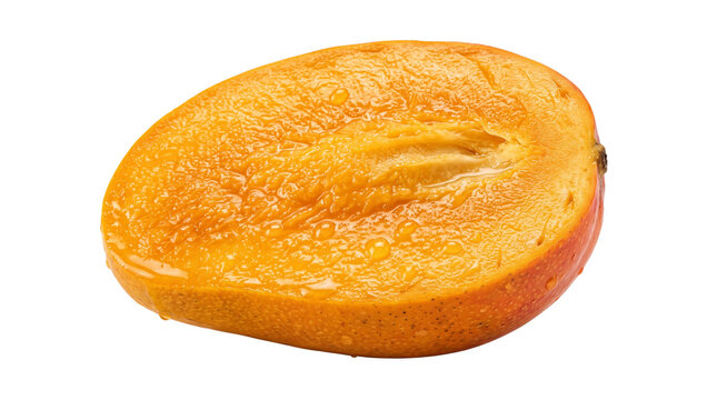 Fresh ripe mango half with juicy orange pulp, sweet tropical fruit slice with water droplets, organic exotic mango piece for healthy food concepts isolated PNG with Transparent Background