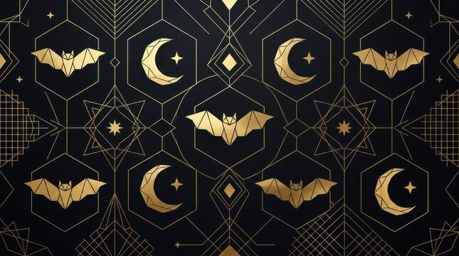 A high-quality, seamless-style vector-like pattern featuring gold geometric bats and crescent moons on a solid black background, utilizing Art Deco design elements.
