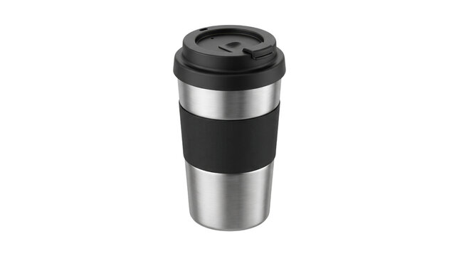Stainless steel travel mug with black silicone grip, reusable thermal coffee tumbler for commuting, insulated metal beverage container on white background