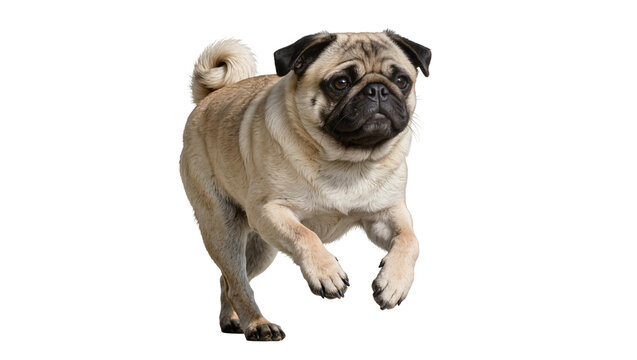 Fawn pug dog running, isolated on transparent background