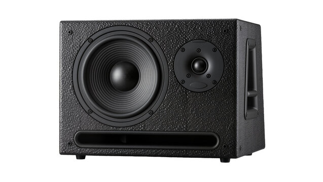 Black textured subwoofer speaker with woofer and tweeter, isolated on transparent background