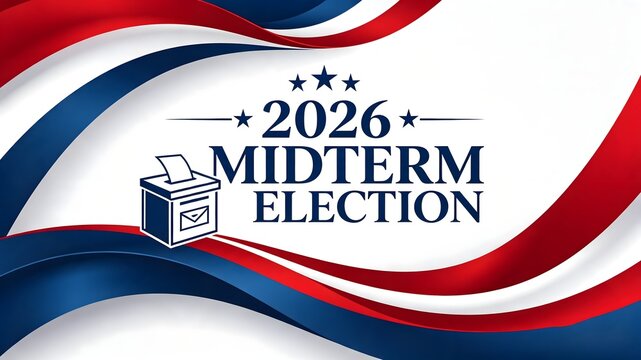 2026 Midterm Election Banner Template with Ballot Box and Patriotic American Waves