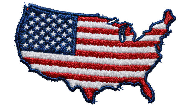 Embroidered United States map patch with American flag design, isolated on transparent background