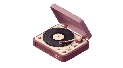 Fototapeta premium Retro vinyl record player in dusty rose pink, vintage portable turntable with black disc, isometric 3D music equipment for nostalgic audio design