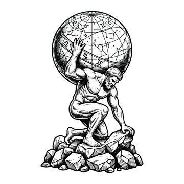 Atlas Greek mythology titan holding celestial globe zodiac engraving strength