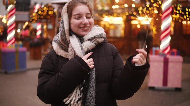 Girl Celebrates Happily With Sparklers At Christmas Fair