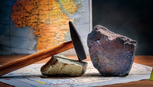 Geologist hammer resting on a rock specimen over a vintage navigation map for geological field exploration research.