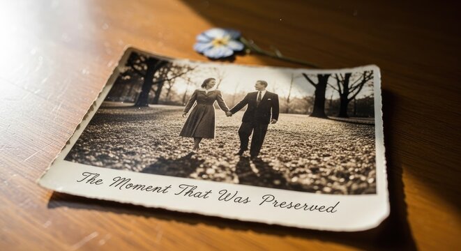 Vintage photograph of couple holding hands on wooden table.