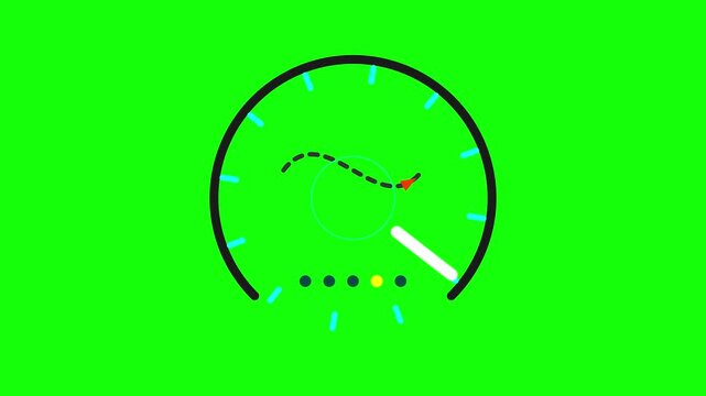 Minimalist flat design animation icon featuring a circular speedometer gauge with a white needle, cyan markers, and a dashed tracking path with a red arrow on a chroma key green background.