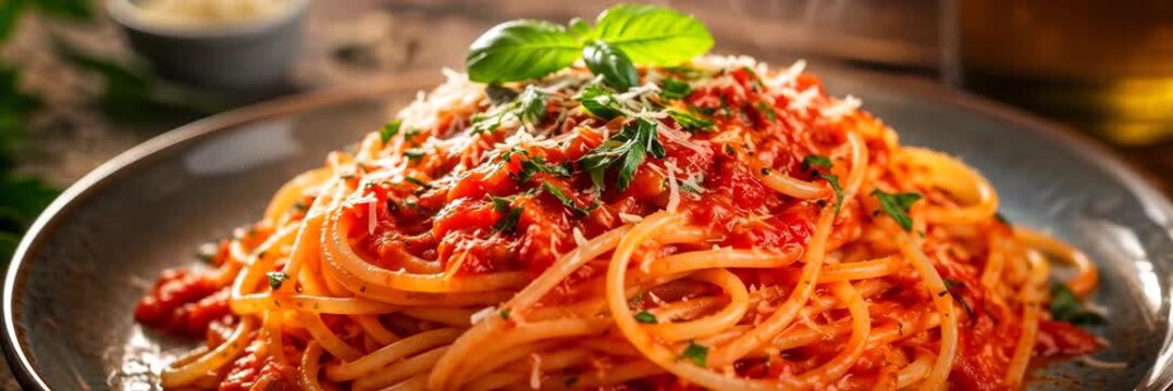 Italian spaghetti with tomato sauce, basil and cheese, restaurant food website banner