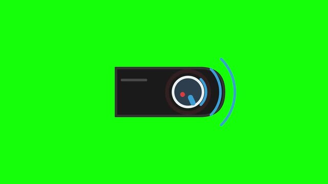 Digital projector or camera animation icon in flat design style featuring a dark lens, circular elements, and blue signal waves isolated on a solid green background for chroma key.