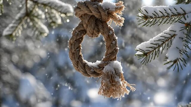 Snowy scene featuring a hangman's noose against a blurred winter forest background