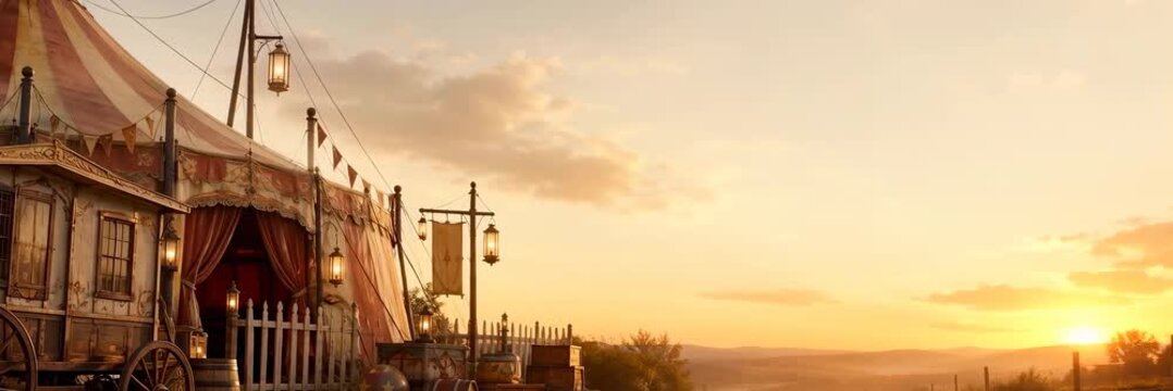 Vintage circus wagon and tent at sunset fairground, carnival travel website banner with copy space
