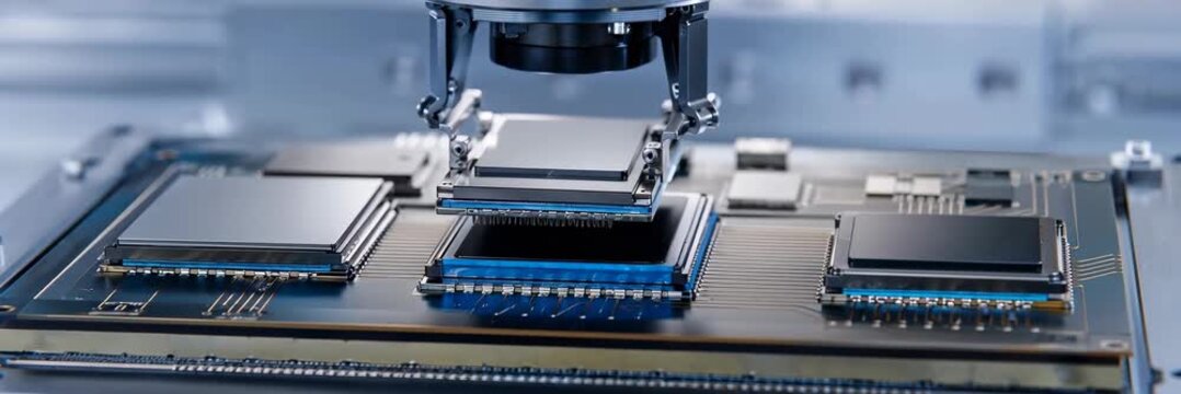 Semiconductor chips under automated assembly machine, advanced technology manufacturing website banner