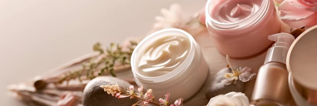 Luxury skincare cosmetics with flowers on beige background, beauty advertising website banner with copy space