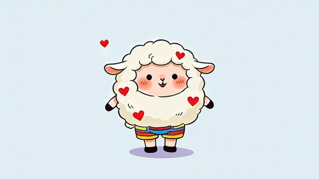 Fluffy white cartoon sheep jumping with red hearts wearing colorful shorts on white background