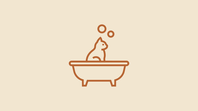 Line art logo of a cat sitting in a bathtub with bubbles for a pet grooming service