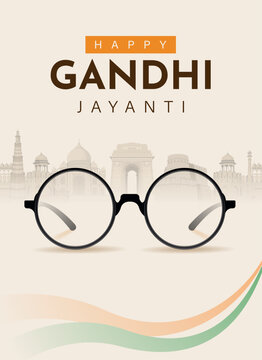Happy Gandhi Jayanti Poster with Mahatma Gandhi Iconic Round Glasses, Indian Monument Skyline and Tricolor Waves in Minimalist Vector Illustration