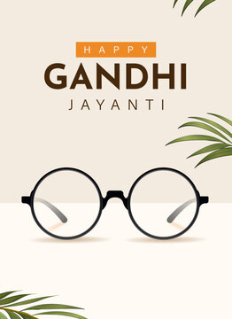 Happy Gandhi Jayanti Poster with Mahatma Gandhi Iconic Round Glasses and Decorative Green Leaves in Minimalist Flat Vector Illustration