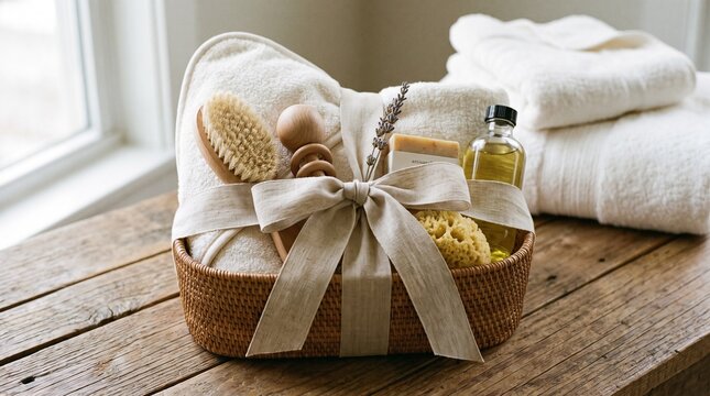 A beautiful spa gift basket with towels and natural body care products.