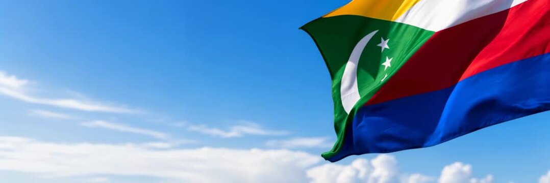 Comoros national flag waving under blue sky, African island travel website banner with copy space