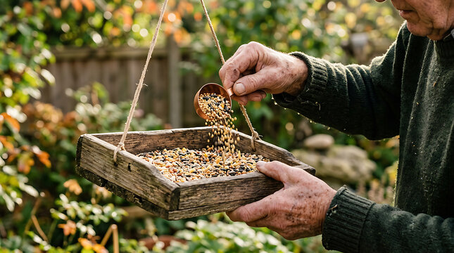Handyman Gardening Enthusiast Carefully Spills Bird Seed Into Wooden Bird Feeder to Attract Wild Birds in a Vibrant Backyard