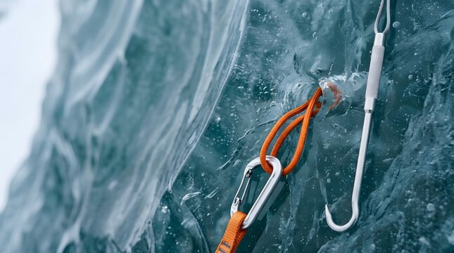 Ice Axe Climbing Gear Attached to Ice Wall