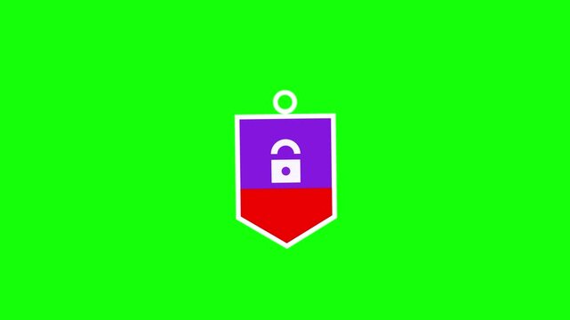 Animation icon of a shield badge featuring a white padlock symbol on a purple and red background, isolated on a bright green screen for game UI development and security concepts.