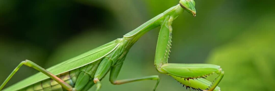 Praying mantis on green foliage, wildlife macro website banner with copy space