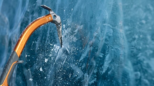 Orange Ice Axe Embedded in Bright Blue Glacier Crack