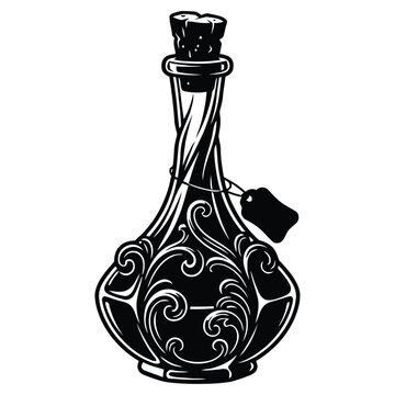 Vintage magic potion bottle vector illustration, ornate glass flask with cork stopper and tag, mystical apothecary elixir container for halloween