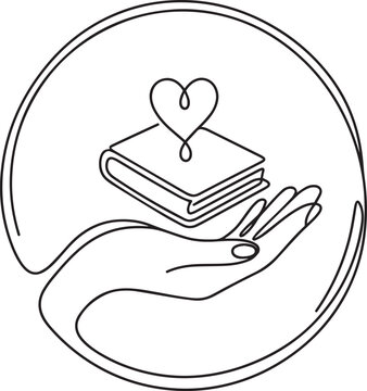 Continuous line drawing of a hand holding a book with a heart symbol braille day