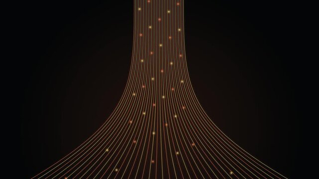Digital animation of golden neon lines flowing downwards like a curtain of light against a dark background. Ideal for tech presentations and futuristic video backdrops. High quality 4K loop.