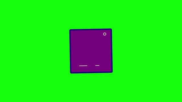 A stylized purple square animation icon featuring a diagonal light reflection stripe, a circular white detail, and two bottom dash marks, isolated on a bright green chroma key background.