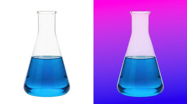 Blue liquid in conical laboratory flask
