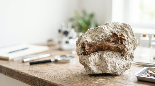 Fossil bone embedded in rock matrix on a wooden table in laboratory  