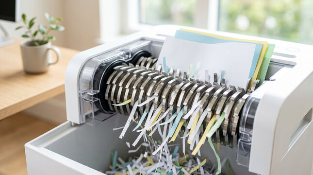 Paper shredder with metal teeth shredding documents in a modern office  