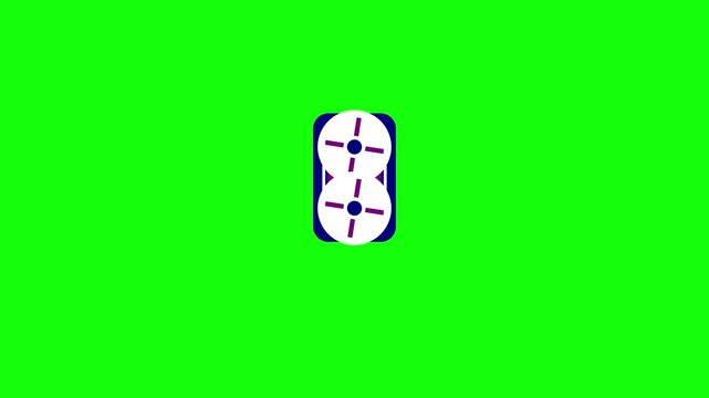 Flat design animation icon of a vintage reel-to-reel tape recorder or film projector reels with white rotating discs on a solid green background for chroma key compositing.