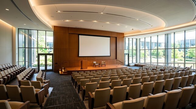 Modern lecture hall with rows of seats and large blank projection screen in a bright spacious university auditorium
