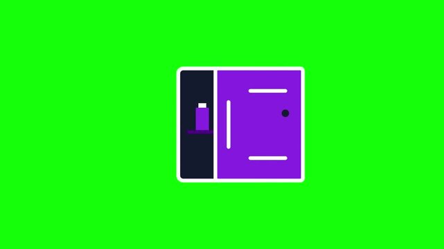Minimalist flat vector animation icon of a storage locker or medicine cabinet with open shelf and closed purple door, including pill bottles isolated on a green screen background.