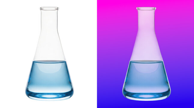 Clear glass Erlenmeyer flask with blue liquid on background