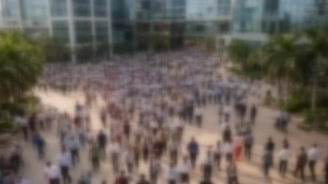 Blurred crowd of Indian tech workers filling a bright corporate campus plaza at lunchtime in Bengaluru