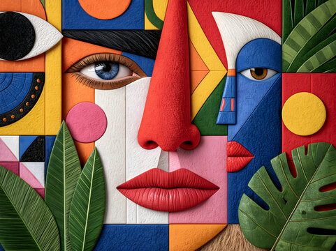 Abstract portrait illustration featuring colorful geometric shapes and textured facial features in cubism style