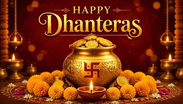 Pot with gold coins and marigold flowers for dhanteras celebration