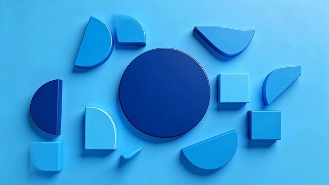 Abstract geometric composition with blue circles squares and triangles on light background