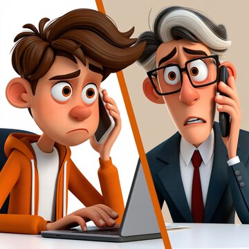 Animated men on phone working, experiencing business stress. Two cartoon office workers communicate on their phones with concerned expressions on a split screen