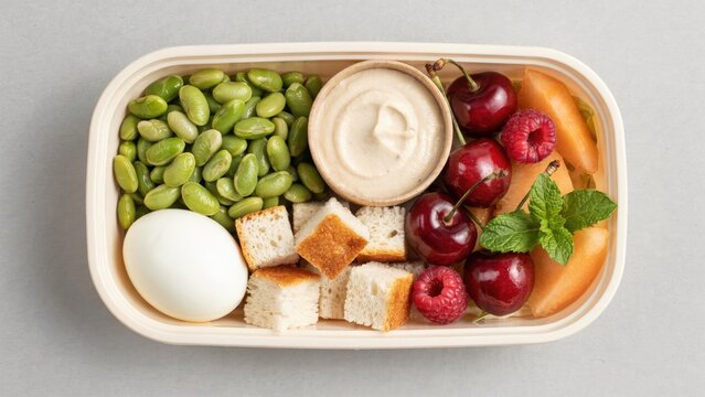 Top-down view of a bento box with edamame, hard-boiled egg, fruit, and dip
