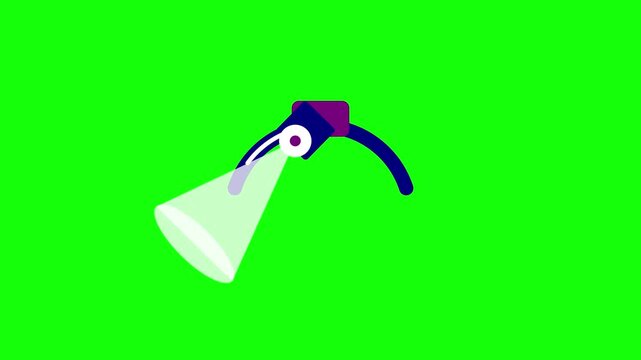 Flat design animation icon of a stylized studio spotlight or desk lamp emitting a bright beam of light on a green screen background for video production and creative projects.
