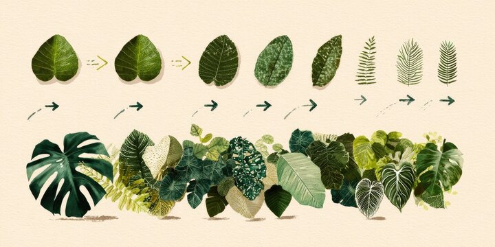 Illustrated evolution of diverse botanical leaf shapes and types, from simple to complex arrangements